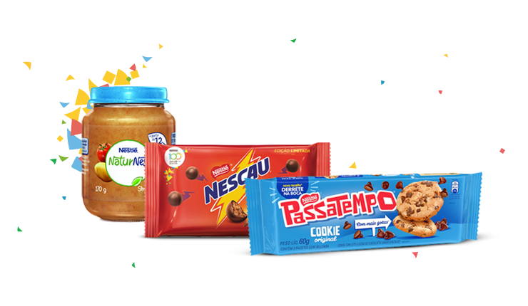 Três embalagens de produtos Nestlé: papinha Naturnes, cookie Passatempo e Nescau Ball.