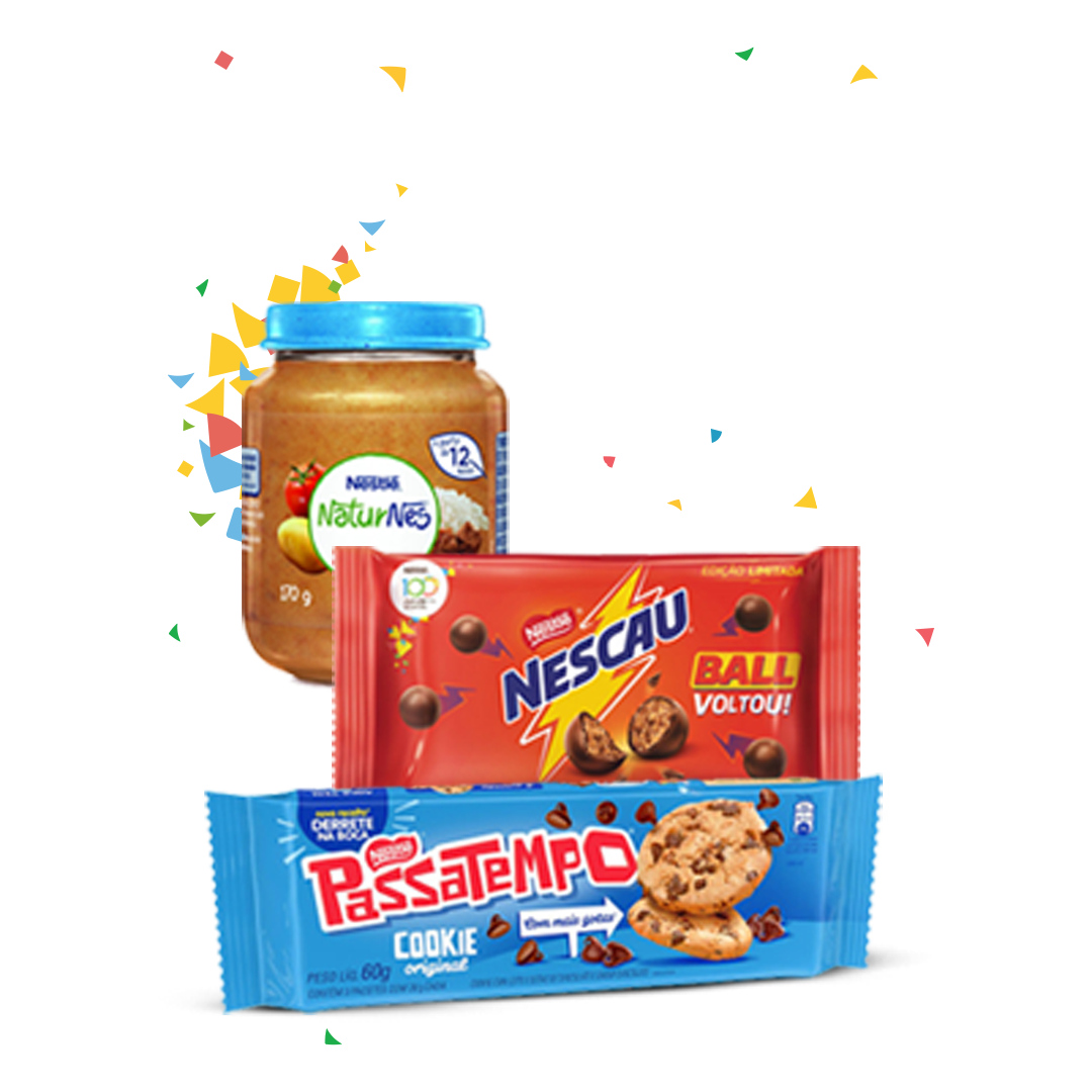 Três embalagens de produtos Nestlé: papinha Naturnes, cookie Passatempo e Nescau Ball.