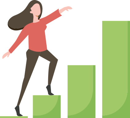 Ilustração de um grande gráfico de barras. Uma mulher pisa sobre duas barras como se estivesse subindo uma escada. Ao lado, o texto: Em 2020, o número de negócios abertos por mulheres cresceu em 40%.