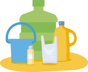 Ilustração de diversos itens plásticos, sendo galão de água, balde, sacola e embalagens.