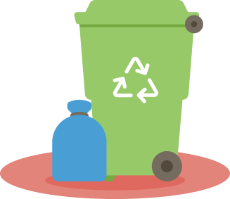 Ilustração de uma lixeira reciclável verde ao lado de um saco de lixo fechado.