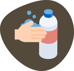 Ilustração de uma garrafa plástica sendo esfregada por uma mão com bolhas de sabão.
