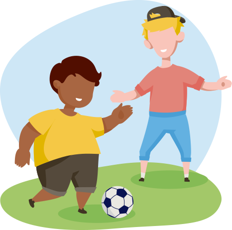 Ilustração de duas crianças jogando futebol sobre um gramado. Um garoto negro chuta a bola enquanto um
                                    garoto loiro de boné está em posição para recebê-la. 