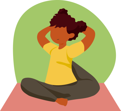 Ilustração de uma garota negra sobre um tapete rosa em posição de ioga. 