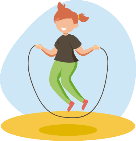 Ilustração de uma garota de cabelos presos pulando corda. 