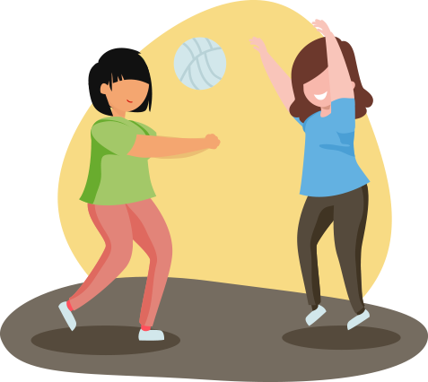 Ilustração de duas garotas jogando vôlei. Uma garota de cabelos castanhos está em pose de quem arremessou
                                    a bola, que está no ar, e uma garota de cabelos pretos tem as mãos juntas para receber a bola. 